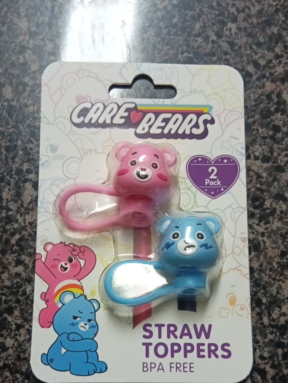 2 Care Bears Pink and Blue Character Straw Toppers